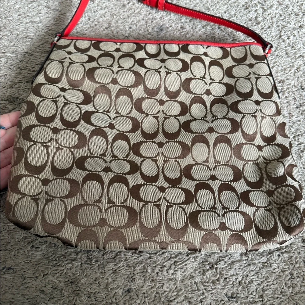 Coach Tan and Red Signature Shoulder Bag